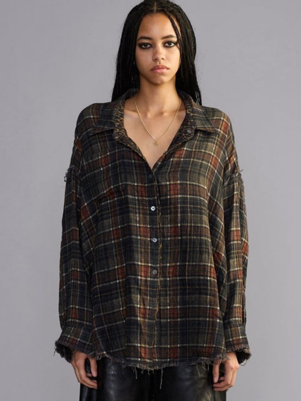 R13 Reversible Shredded Seam Drop Neck Shirt brown plaid